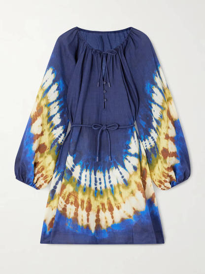 Unique Retro Tie-Dye Print Tie Linen Mini Dress