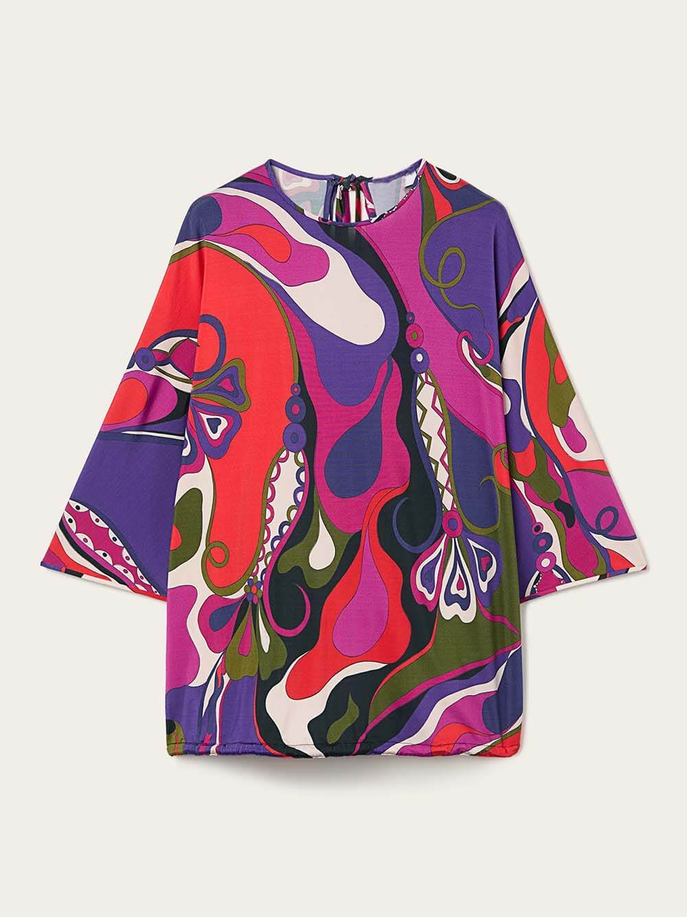 Unique Satin Rainbow Print Round-Neck Tie-Down Loose Blouse