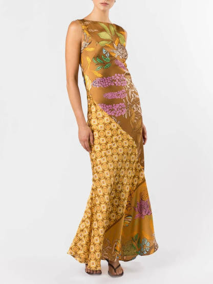 Exquisite Floral Print Satin A-Line Flared Maxi Dress