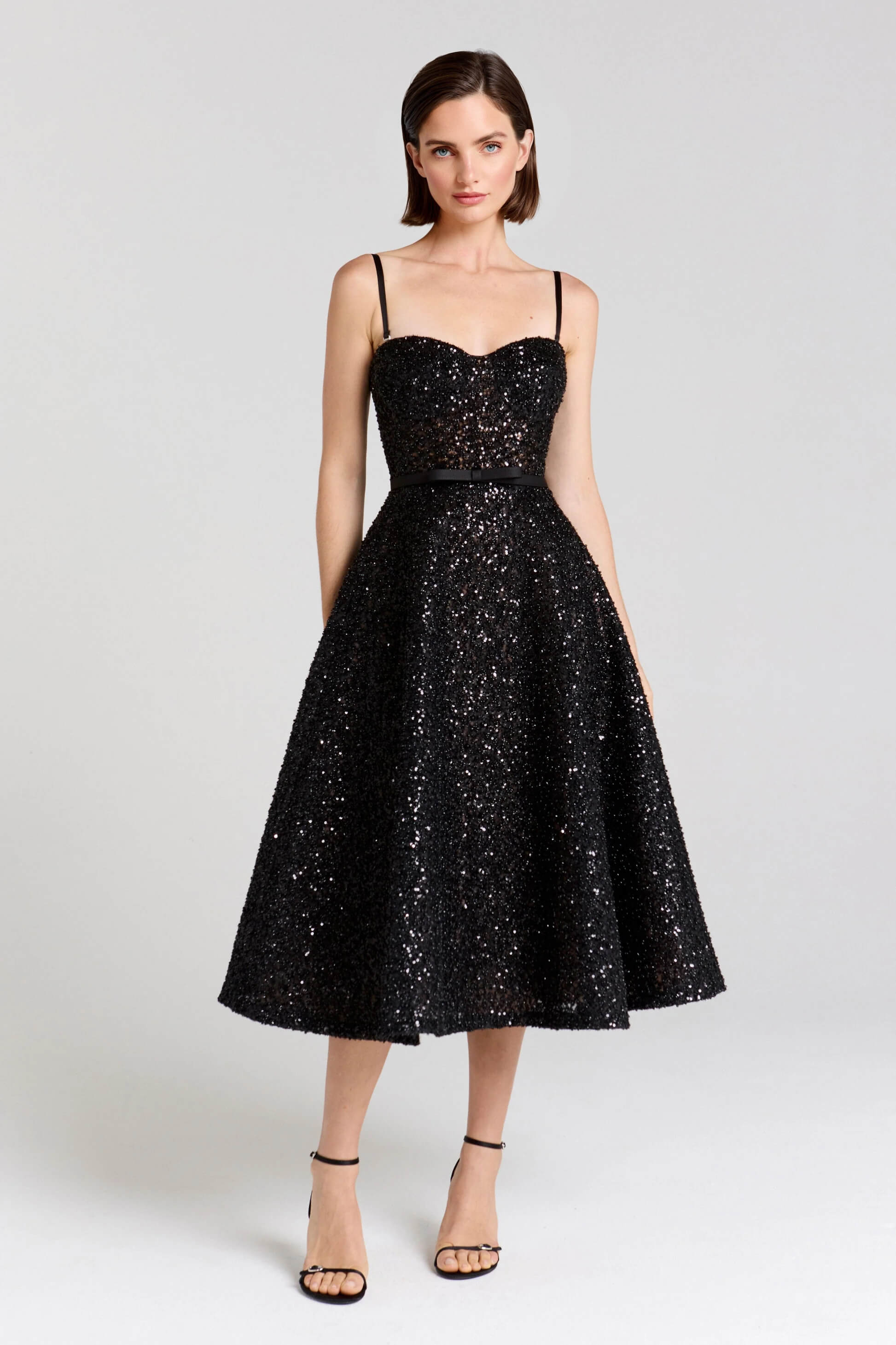 Exquisite Sequined Off-Shoulder Pleated Black A-Line Midi Dress