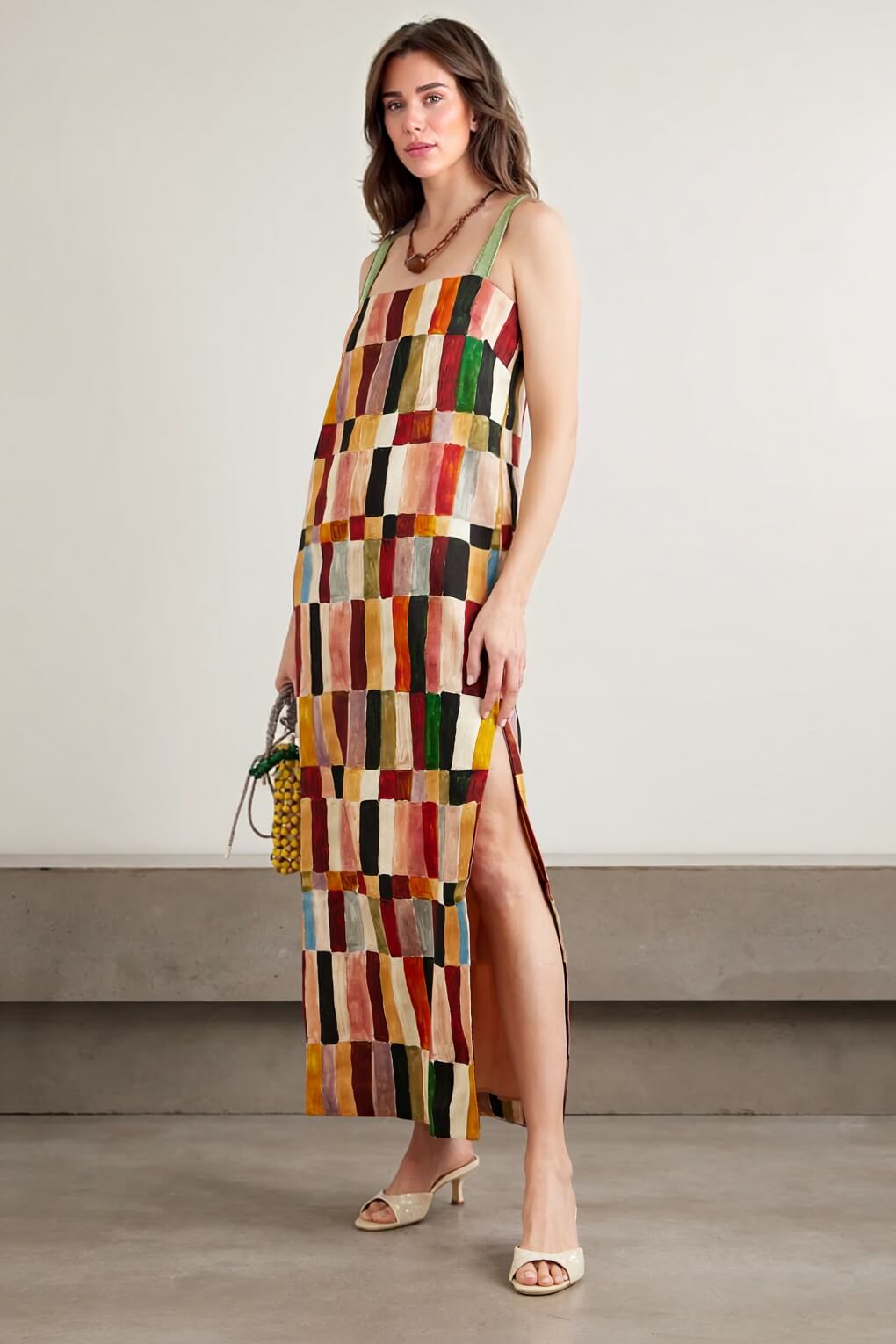Unique Geometric Print Linen Backless Midi Dress