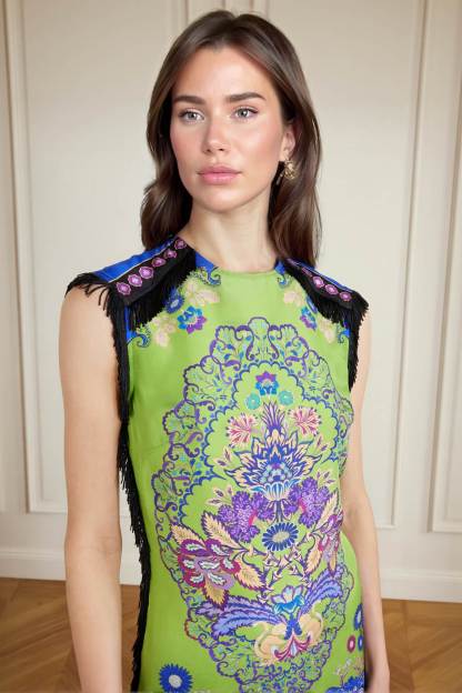 Exquisite Tassel Asymmetrical Print Satin Midi Dress