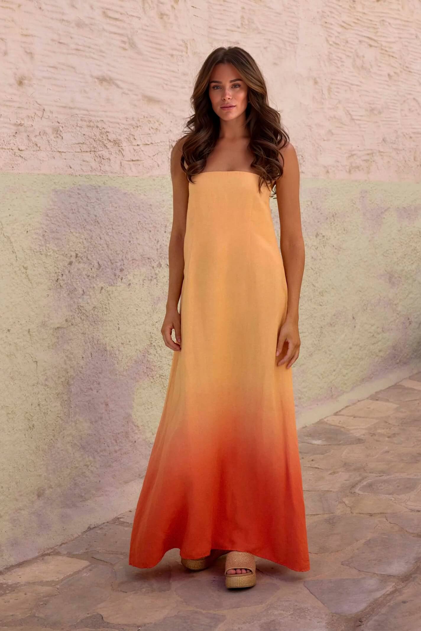 Unique Gradient Color Print Strapless Maxi Dress