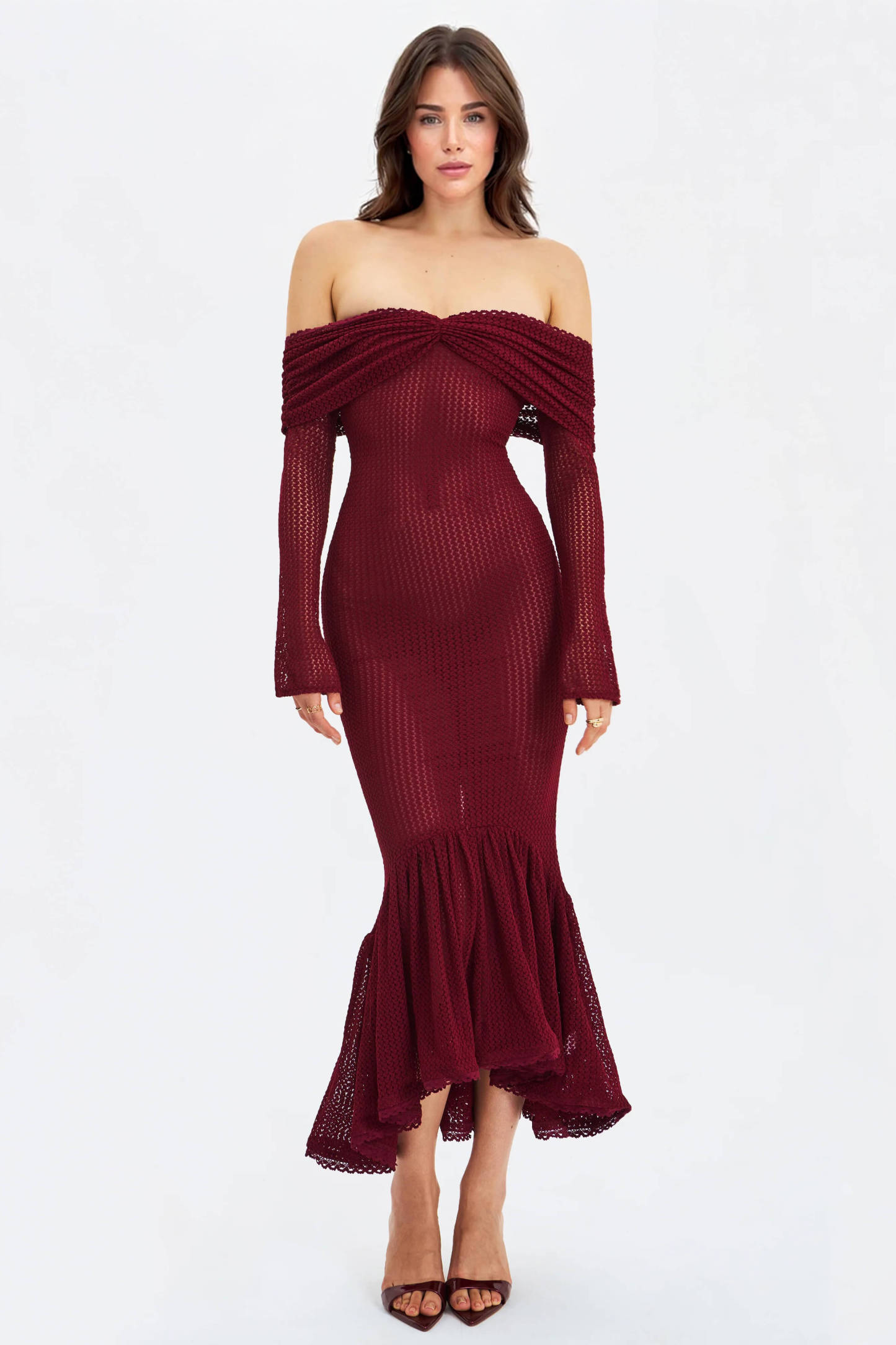 Exquisite Burgundy Off Shoulder Long Sleeve Crochet Mermaid Maxi Dress