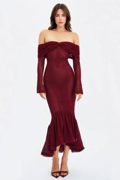 Exquisite Burgundy Off Shoulder Long Sleeve Crochet Mermaid Maxi Dress