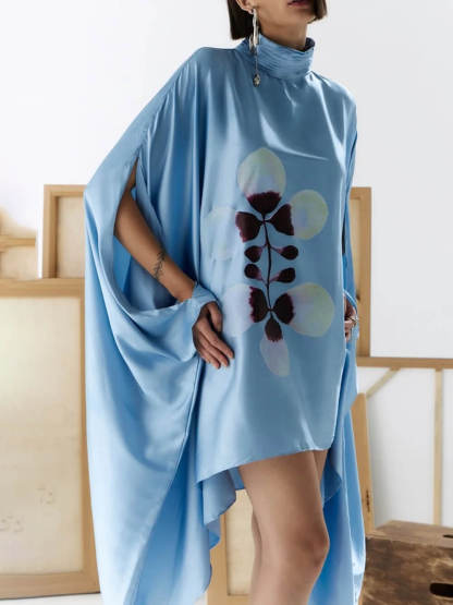 Exquisite Satin Floral Print Pleated High-neck Batwing Cutout Sleeve Loose Mini Dress