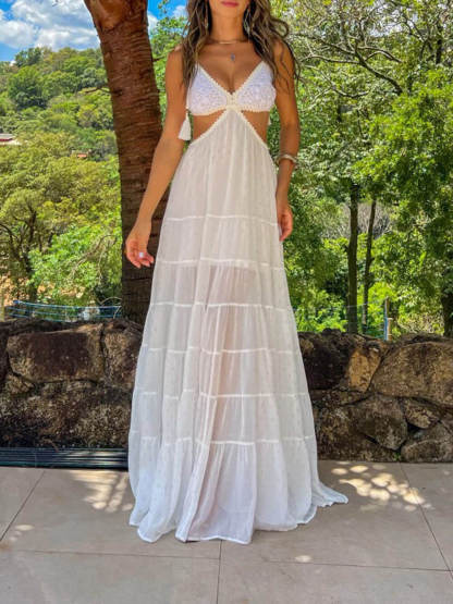 Retro Crochet Tassel Shoulder Strap Cutout Waist Chiffon Polka Dot Vacation Maxi Dress