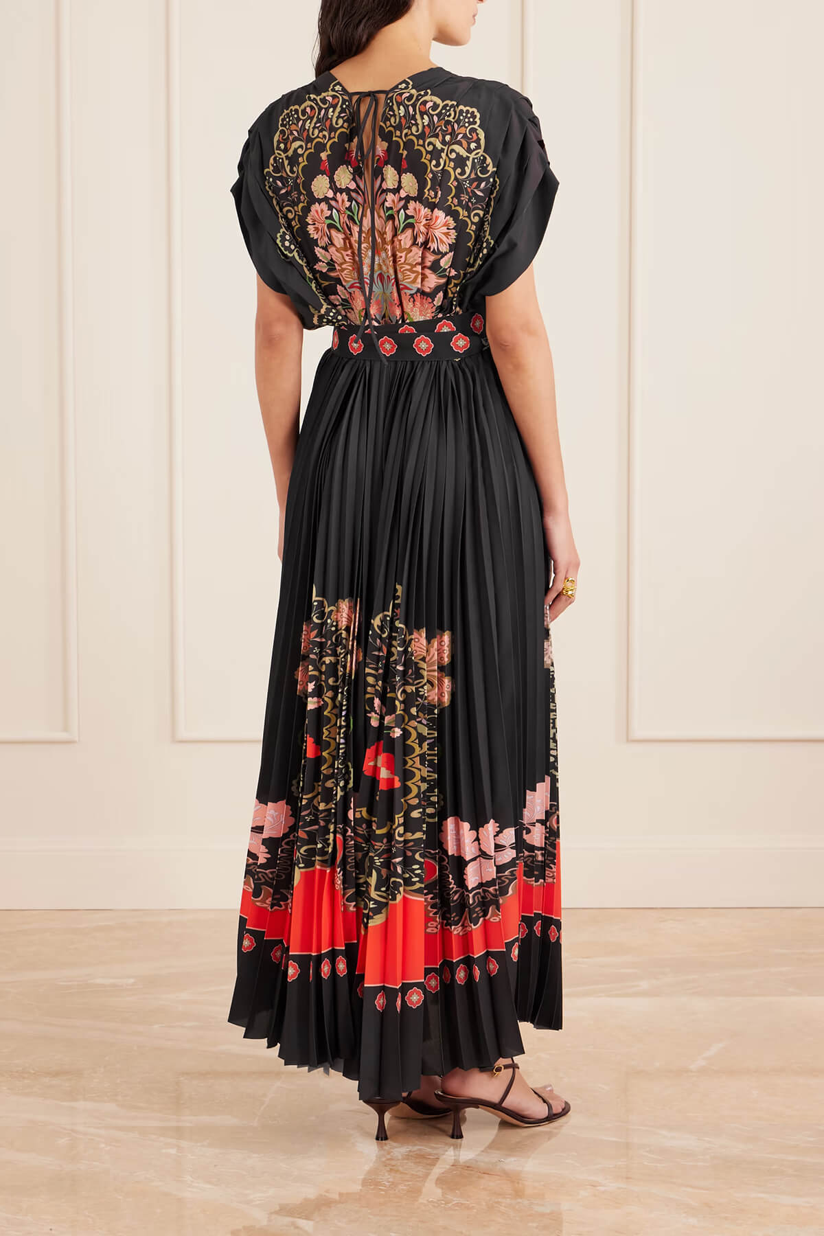 Exquisite Tie-Up Pleated Printed Crepe Maxi Dress