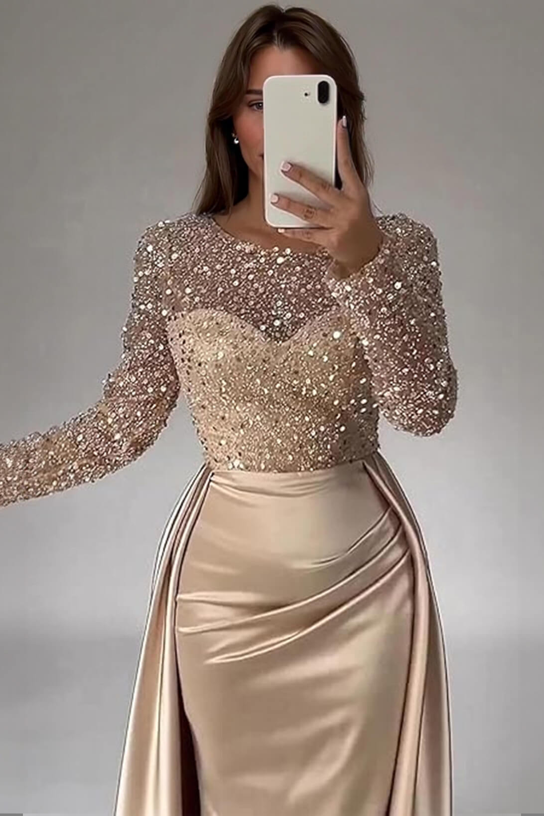 Exquisite Champagne-Colored Sparkling Rhinestone Sheer Tulle Sleeve Party Maxi Dress