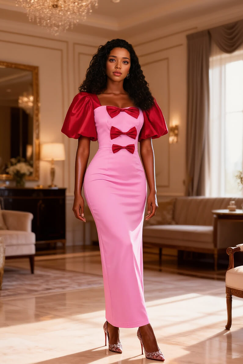 Fashion Contrasting-Color Bow-Detailed Satin Puff-Sleeve Maxi Dress