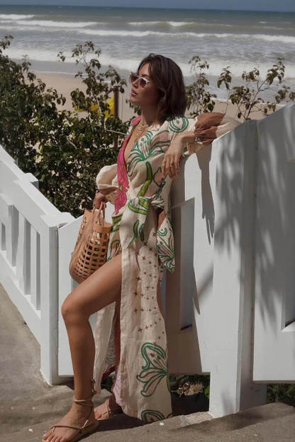 Elegant Linen Blend Unique Print Balloon Sleeve Tie-up Tunic Maxi Dress