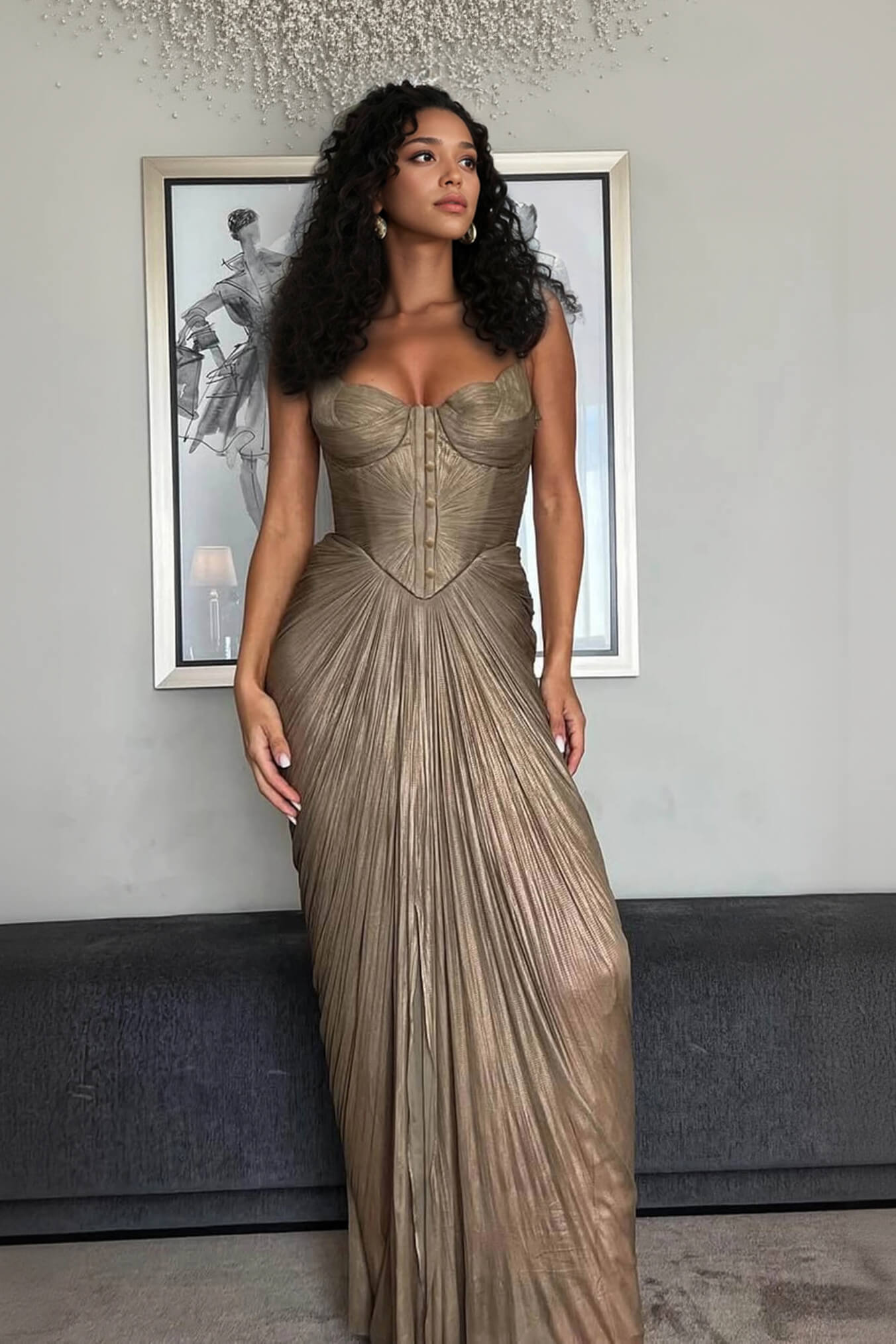 Elegant Pleated Metallic Tie-Waist Party Slit Gown Maxi Dress