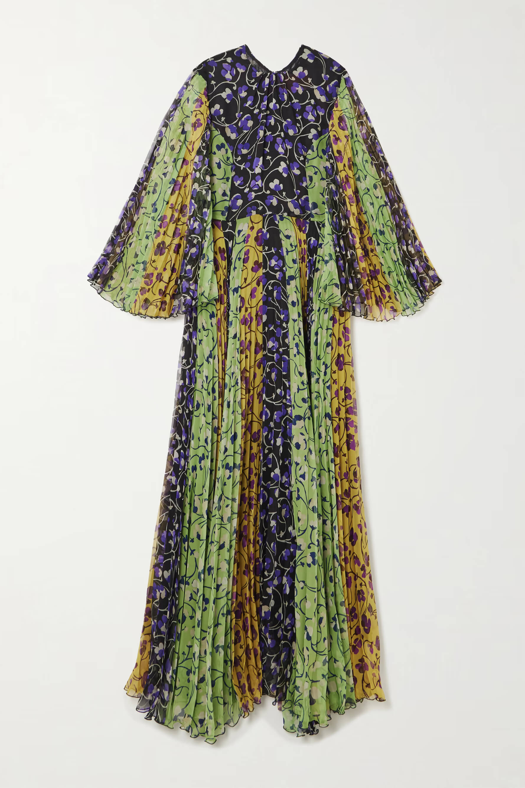 Exquisite Pleated Printed Chiffon Bell-Sleeve Maxi Dress