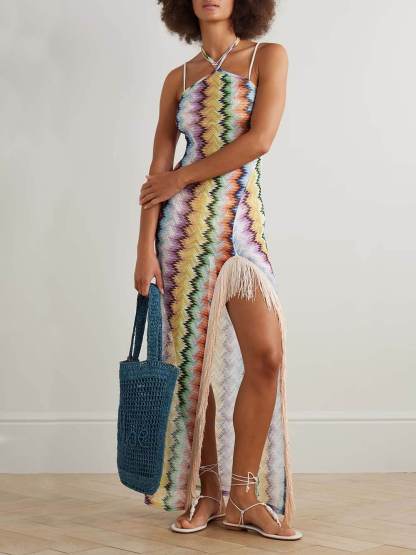 Unique Fringe Patchwork Striped Print Crochet Halter Maxi Dress