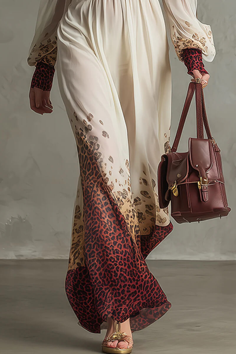 Exquisite Vacation-style Leopard Print Chiffon Off-The-Shoulder Maxi Dress