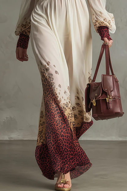 Exquisite Vacation-style Leopard Print Chiffon Off-The-Shoulder Maxi Dress