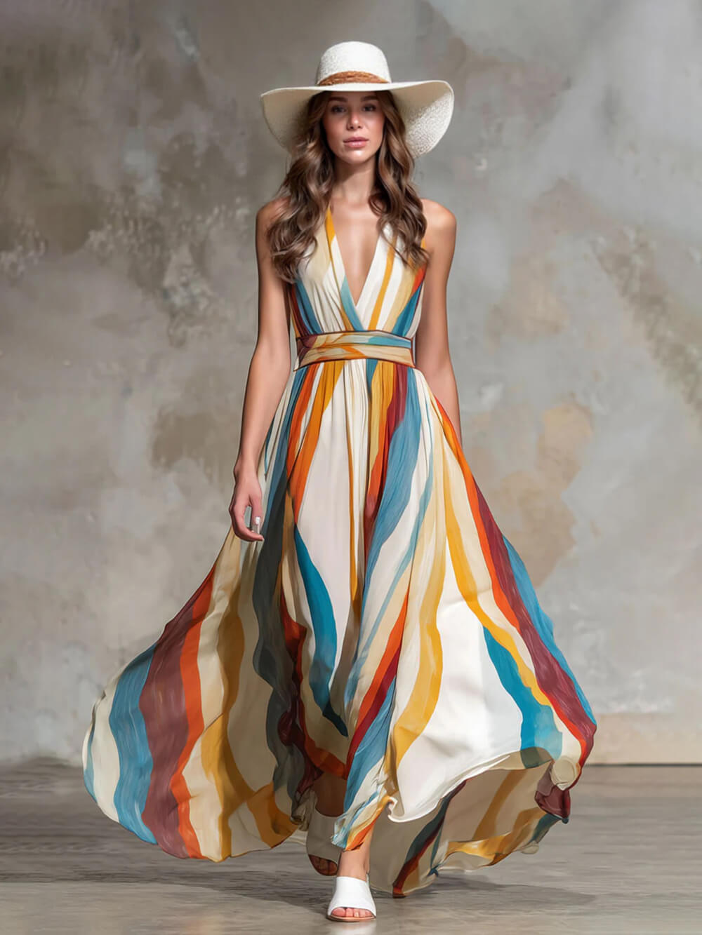 Retro Rainbow Striped Chiffon Sleeveless Maxi Dress