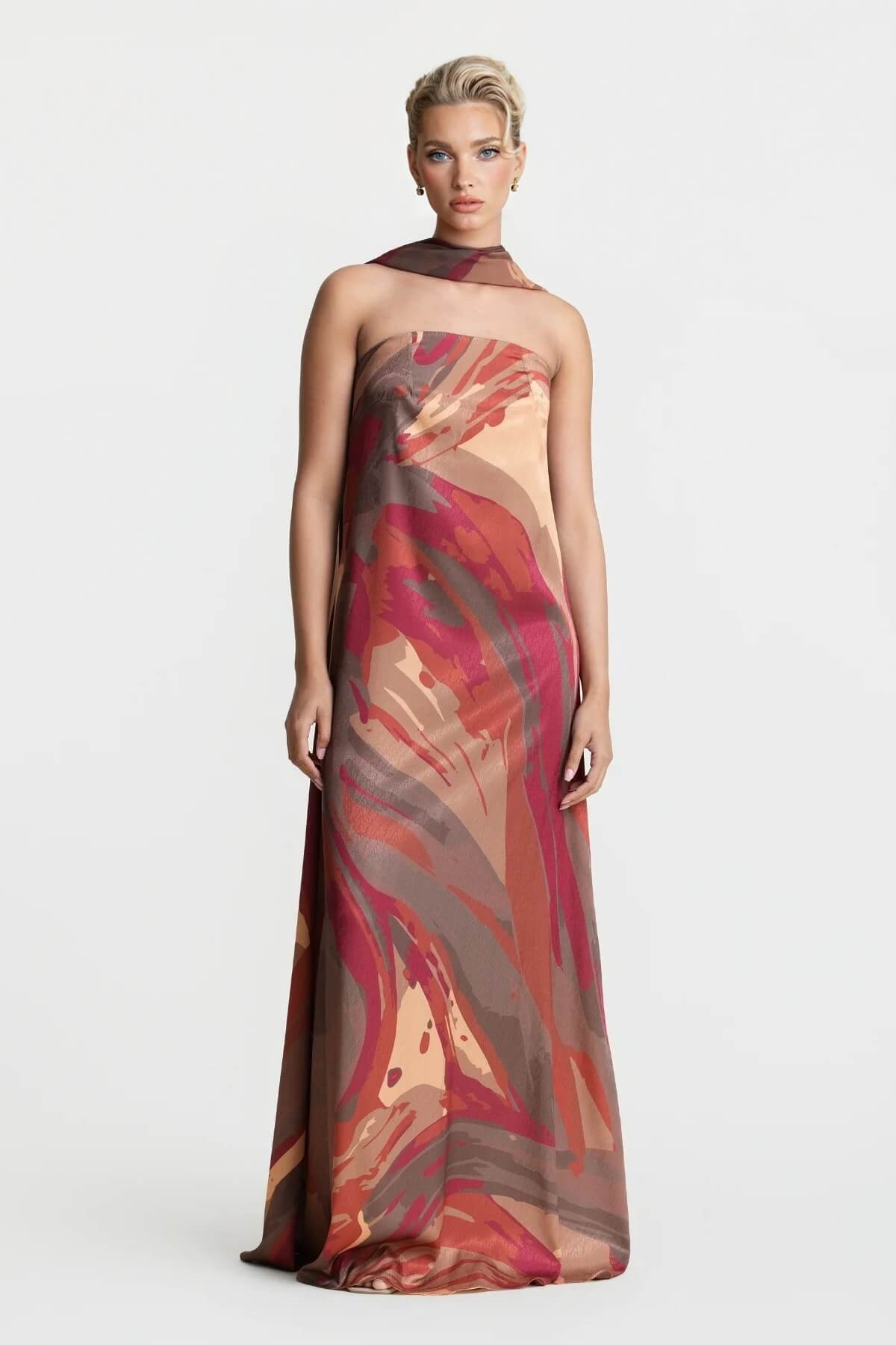 Elegant Strapless Shawl-Style Flowing Maxi Dress