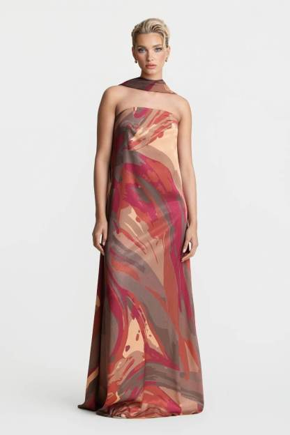 Elegant Strapless Shawl-Style Flowing Maxi Dress