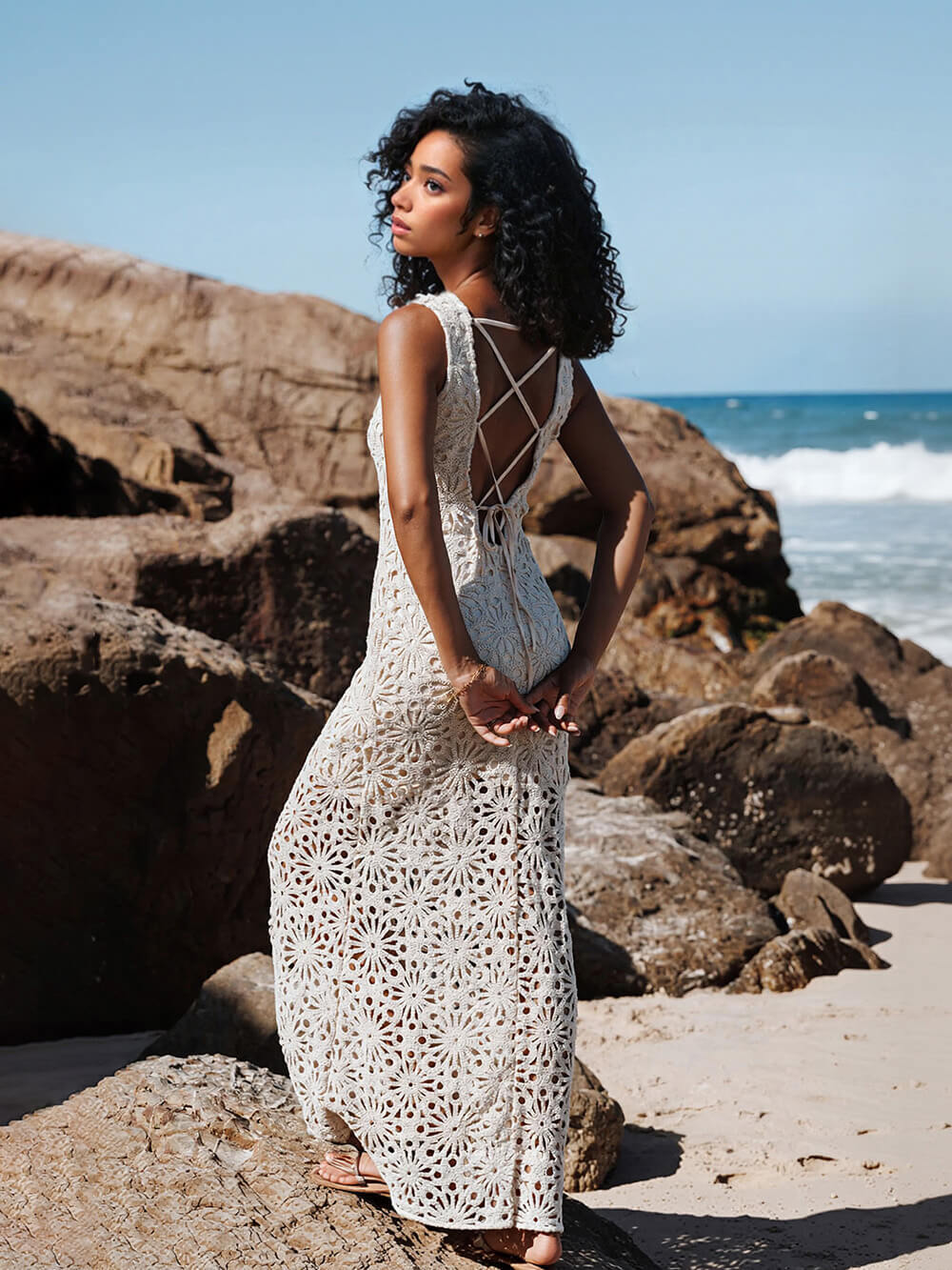 Fashion Crochet Lace Floral Pattern Backless Lace-up Vacation Maxi Dress