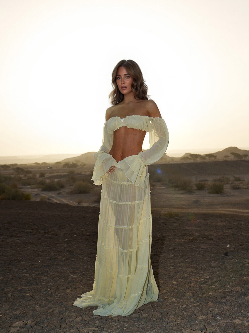 Fashion Off Shoulder Long Bell Sleeve Crop Top and Elastic Waist Layered Cover-up Maxi Skirt Set