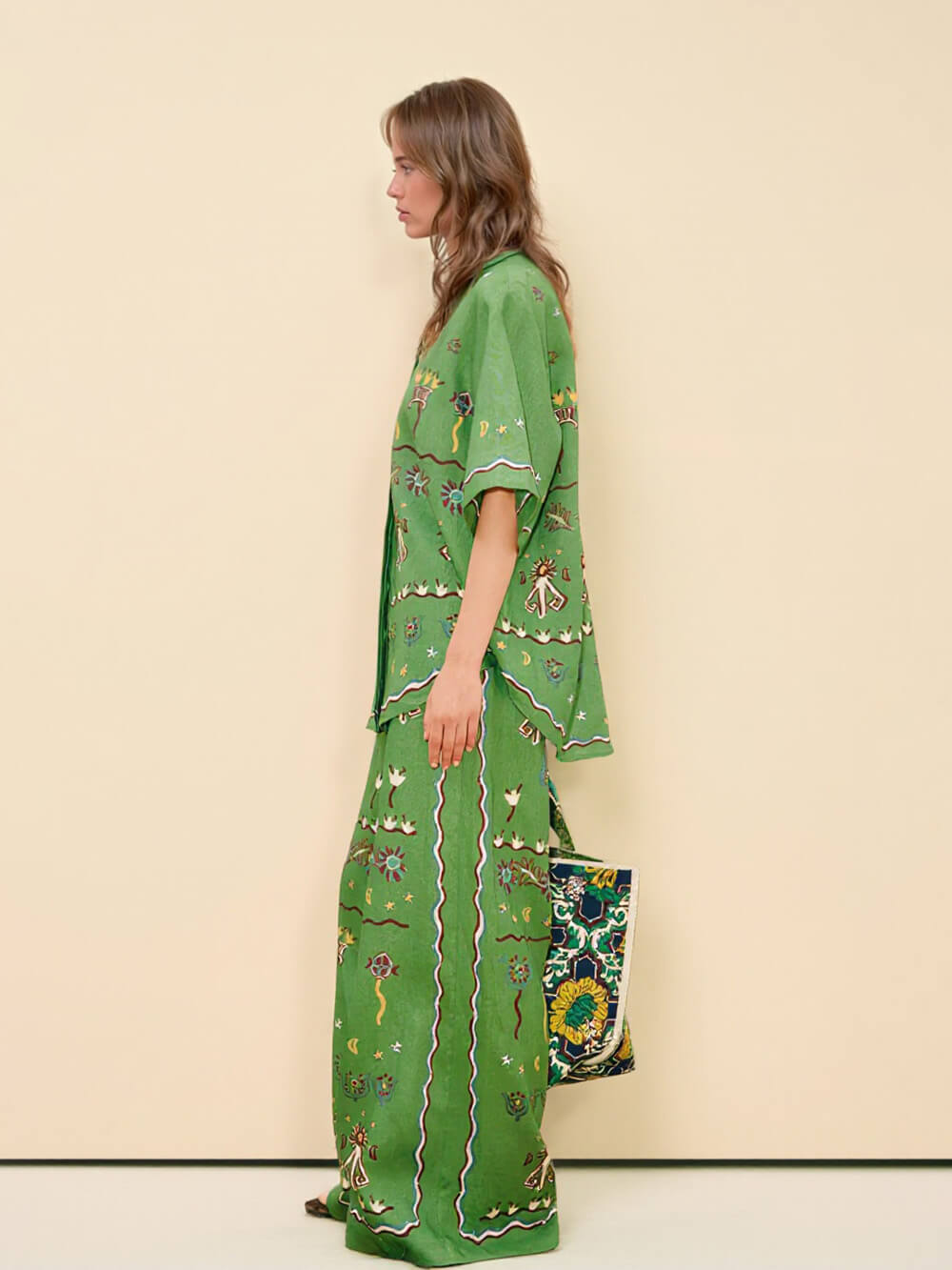 Unique Casual Sun Dancer Print Elastic Waist Loose Pocket Wide-Leg Pants