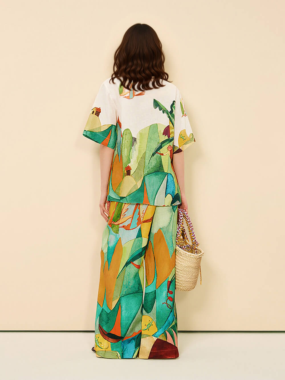 Unique Modern Linen Abstract Print Loose Wide-Leg Pants