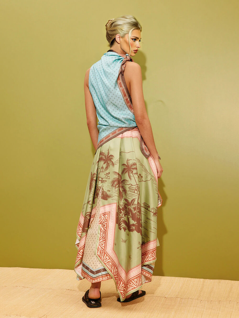 Retro Fashion Printed Scarf-Style Waist Tie Design Midi Dress