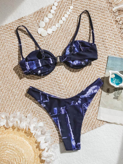 Sexy Push-up Underwire Faux Denim Print Two-Piece Bikini Set