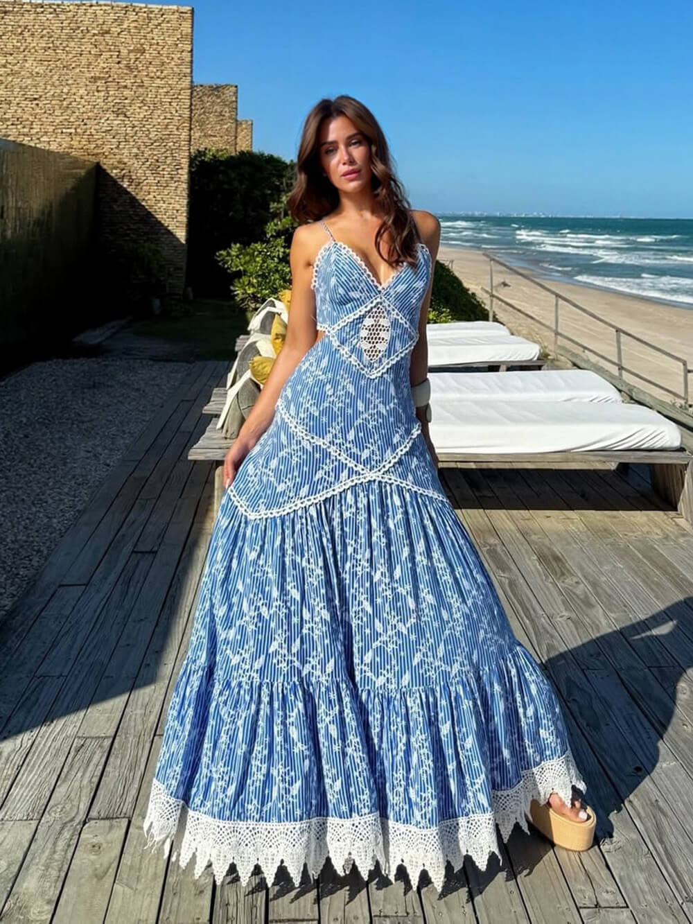 Boho Lace Insert Printed Backless Maxi Dress