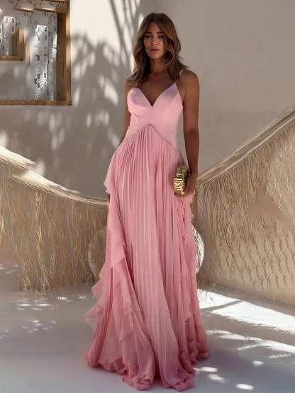 Delicate Pink Layered Patchwork Ruched Party Maxi Dress