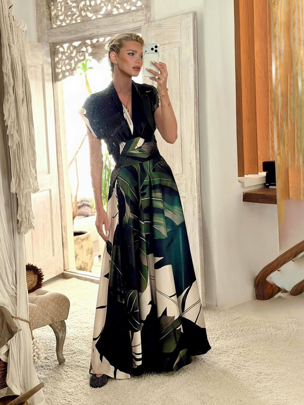 Bohemian Palm Leaf Print Maxi Dress