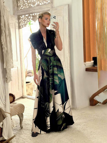 Bohemian Palm Leaf Print Maxi Dress