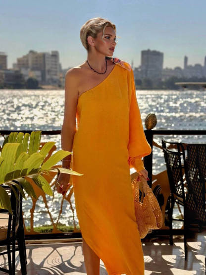 Boho One-Shoulder Slit Vacation Maxi Dress