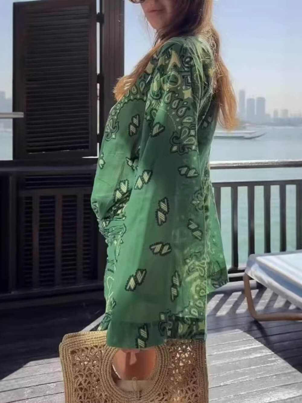 Vacation Print V-Neck Flare Sleeve Asymmetric Hem Mini Dress