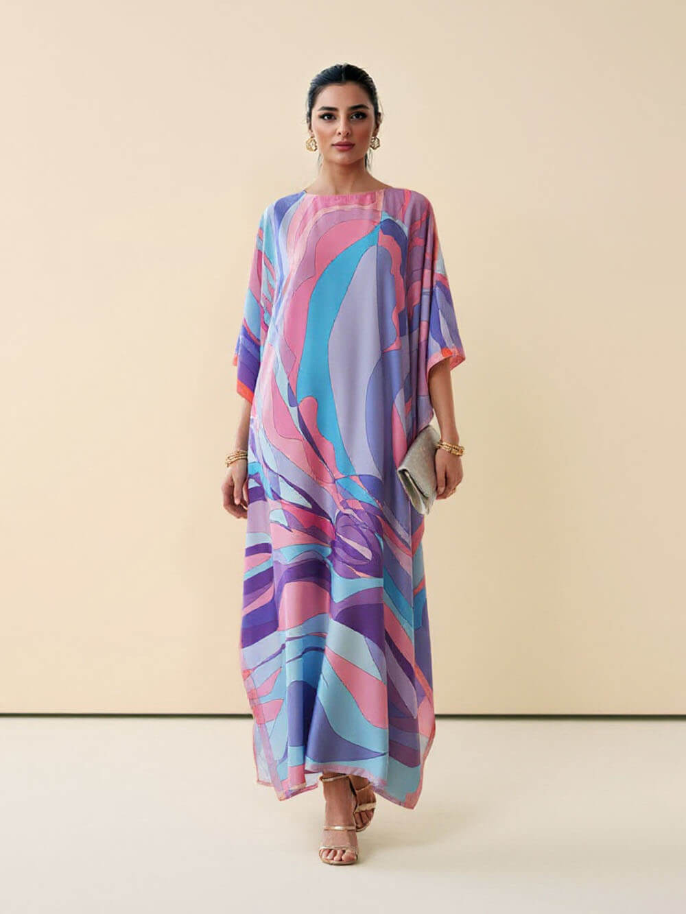 Classic Print Kaftan Kimono Maxi Dress