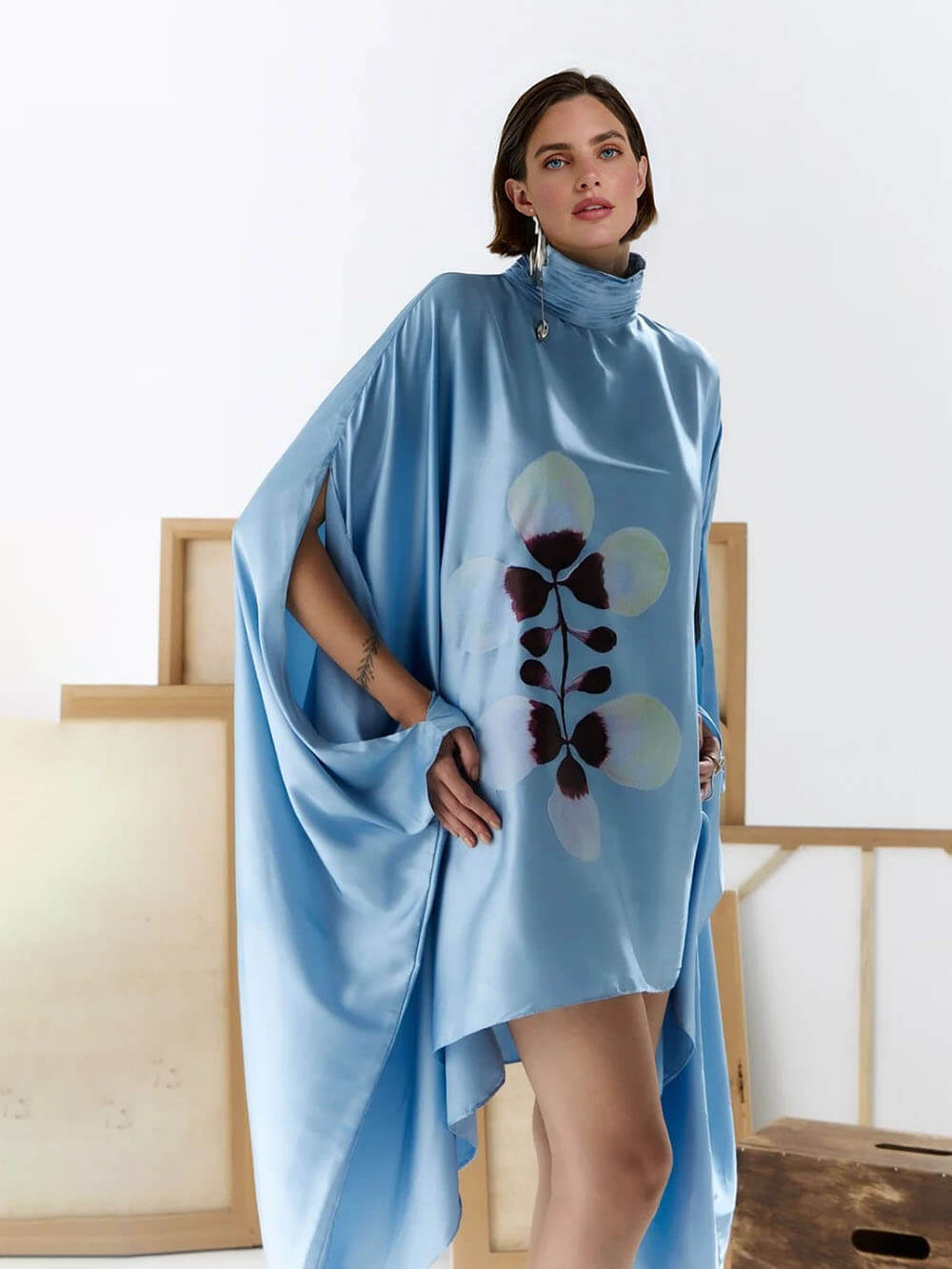 Exquisite Satin Floral Print Pleated High-neck Batwing Cutout Sleeve Loose Mini Dress