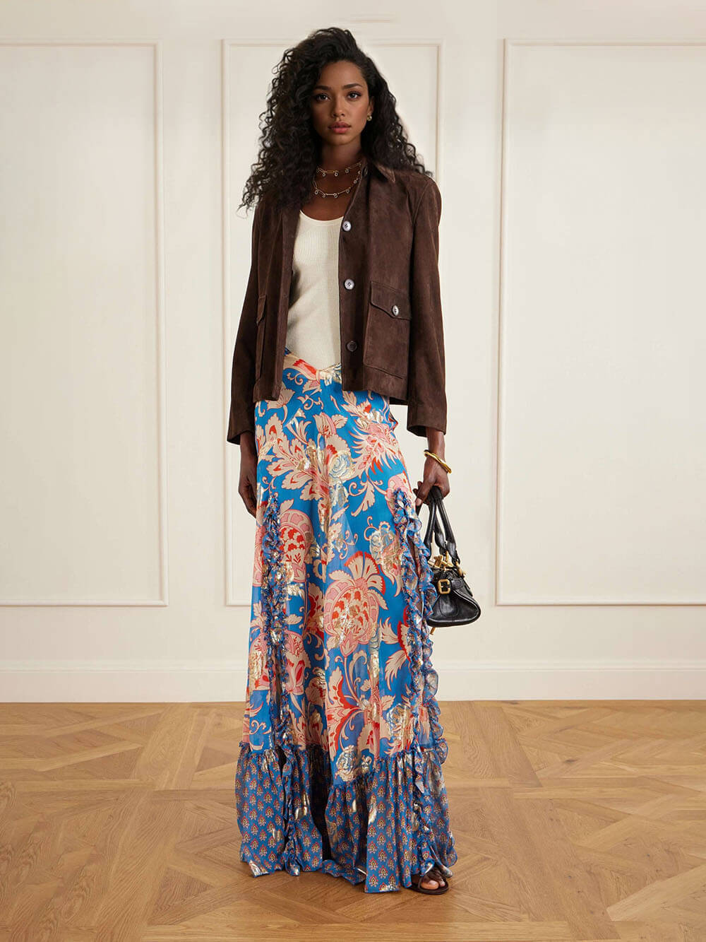 Retro Floral Print Ruffle Slit Maxi Skirt