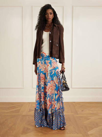 Retro Floral Print Ruffle Slit Maxi Skirt