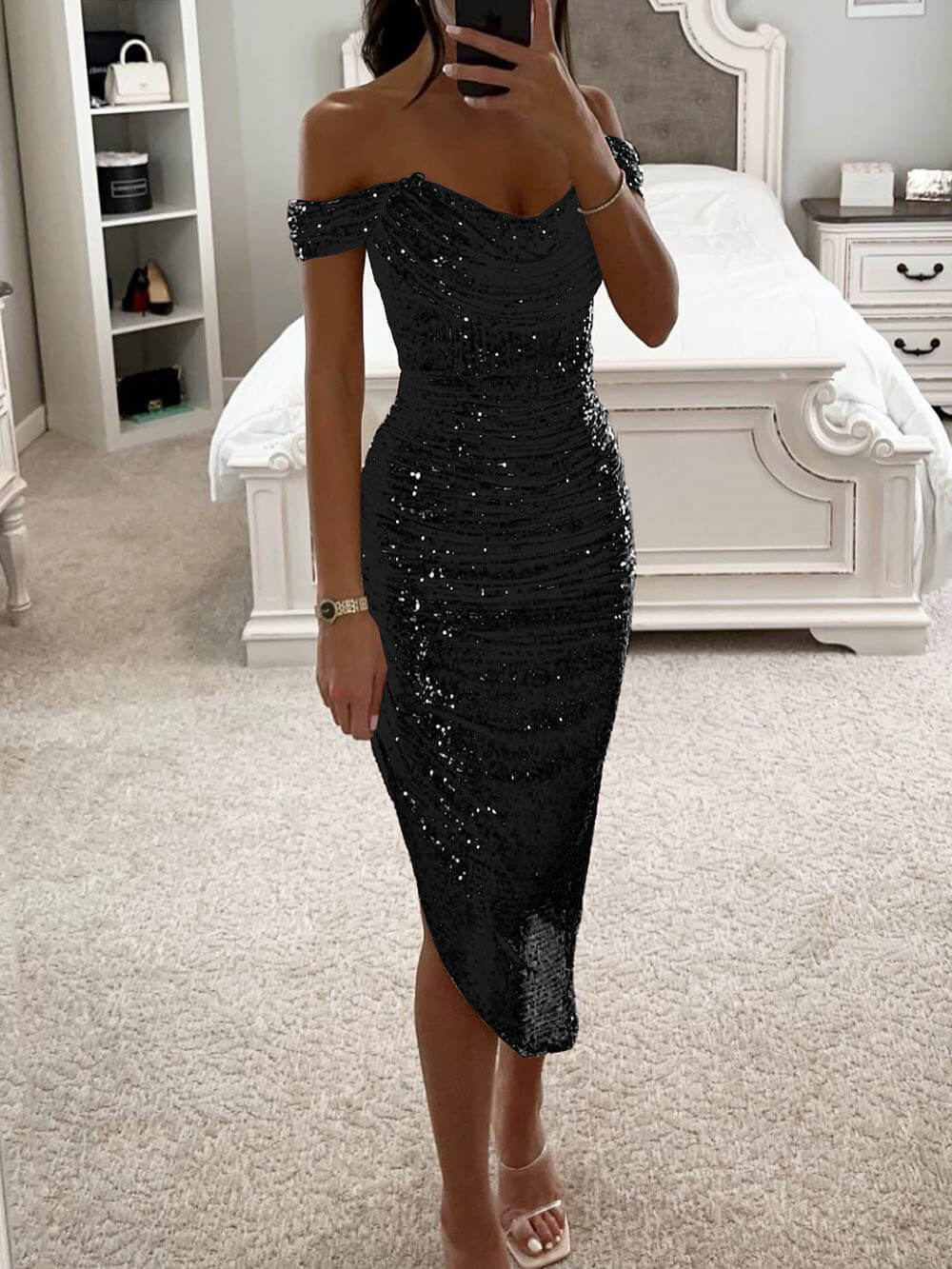 Elegant Sequin Off-Shoulder Asymmetric Party Midi Dress