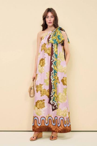 Modern One-Shoulder Printed Satin Bow Maxi Dress