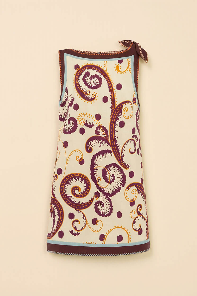 Classic Palelis Print Straight Neck Tie-Waist Mini Dress