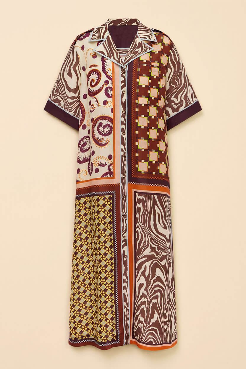 Unique Color-Block Print Side Pocket Loose Maxi Shirtdress