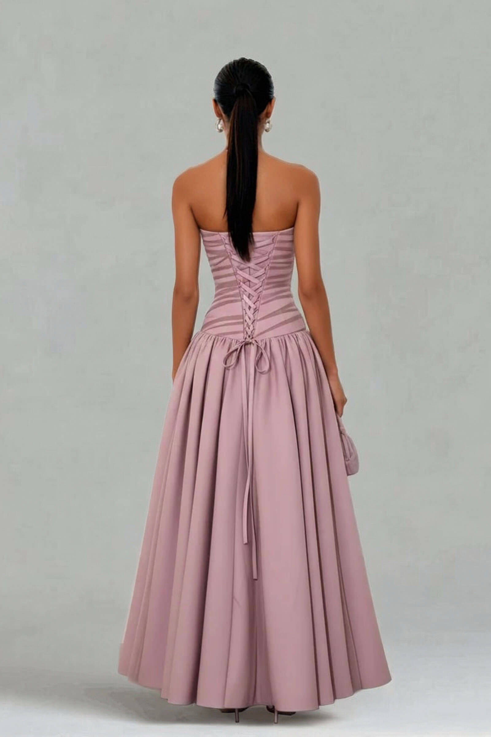 Exquisite Rhinestones Mesh Satin Strapless Sleeveless A-Line Maxi Dress