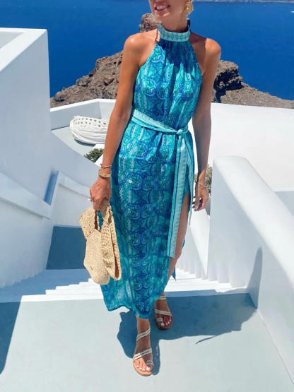 Bohemian Unique Print Slit Belted High Collar Maxi Dress