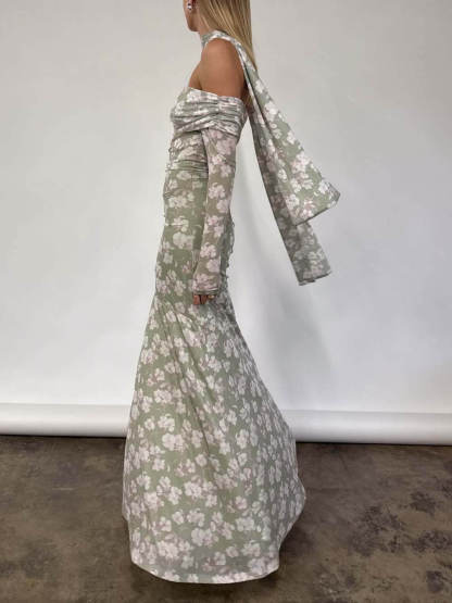 Elegant Floral Print Off-Shoulder Ruched Waist Maxi Dress
