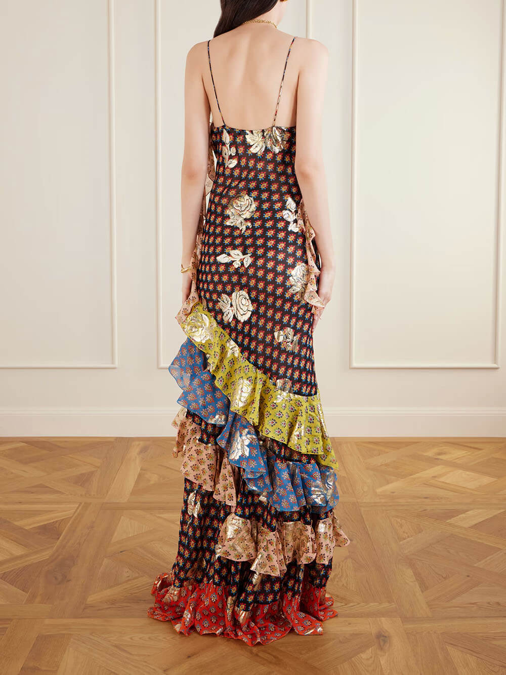 Delicate Ruffled Tiered Printed Metallic Chiffon Maxi Dress