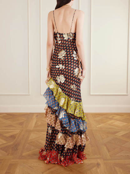 Delicate Ruffled Tiered Printed Metallic Chiffon Maxi Dress