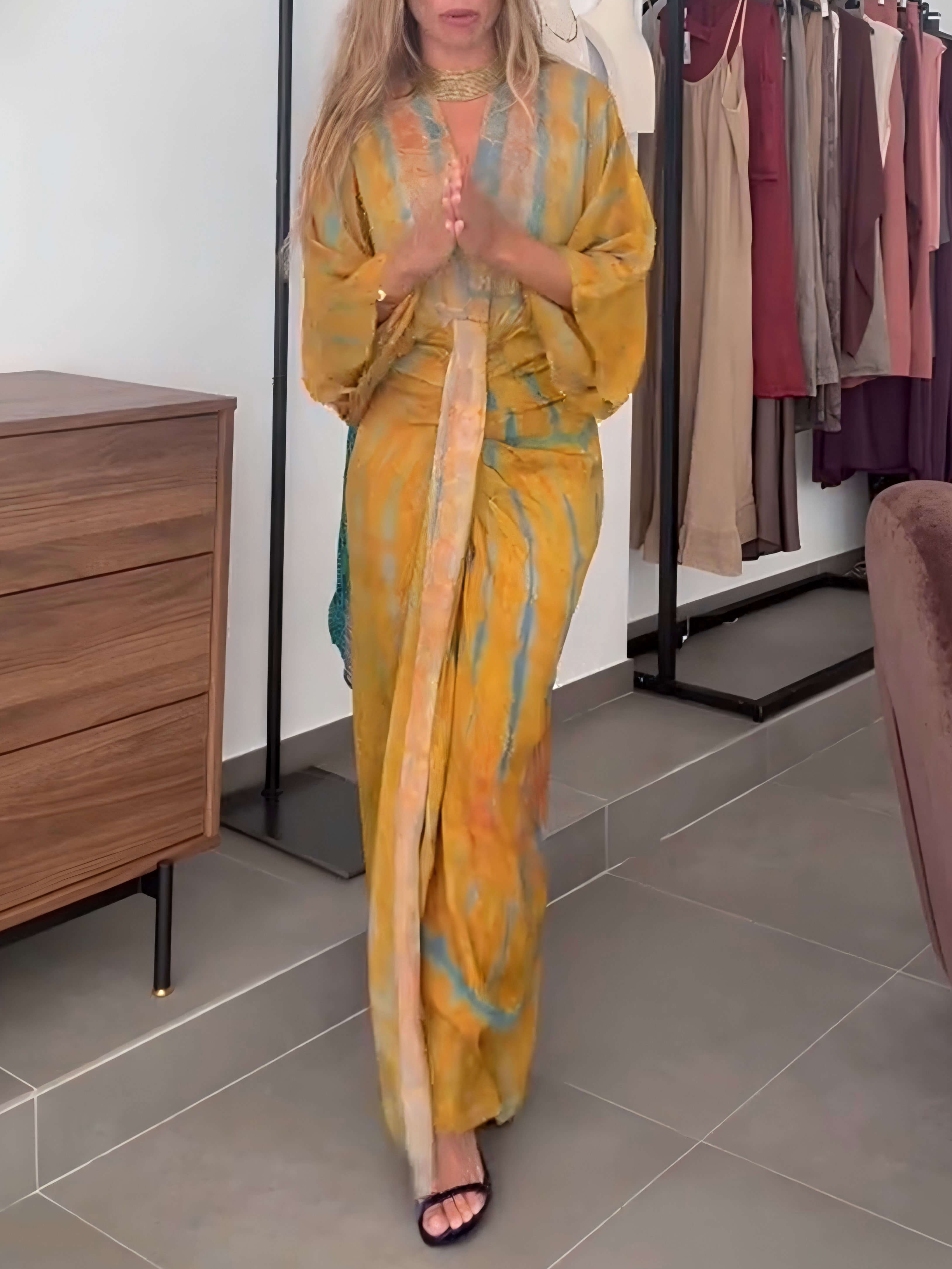 Bohemian Kimono-Inspired Tie-Dye Print Waist-Tie Maxi Dress