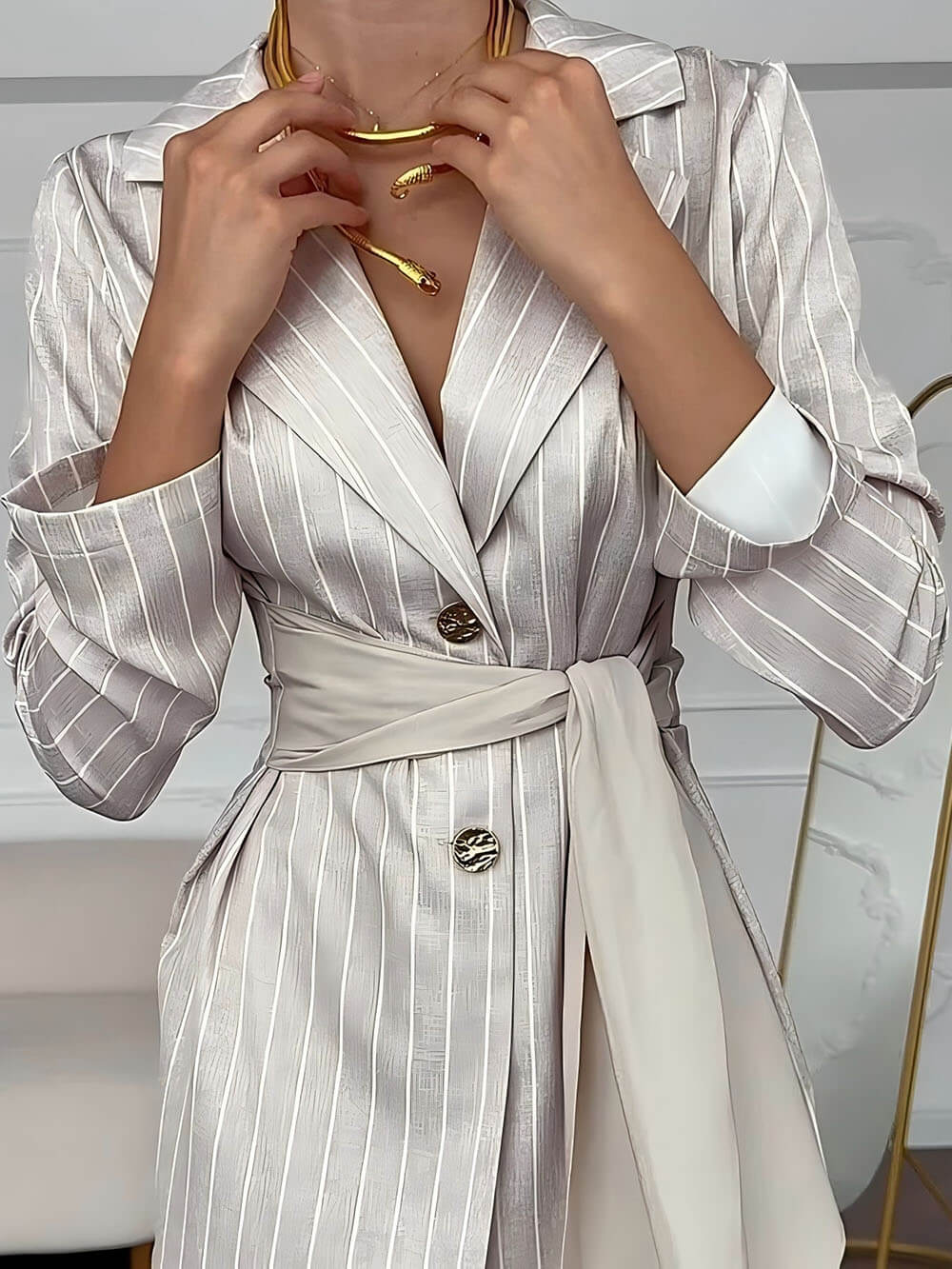 Elegant Lapel Striped Print Tie-Waist Blazer